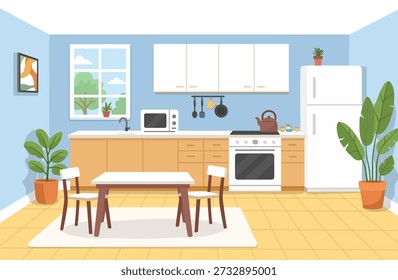 Acolhedora ilustração de interiores de cozinha moderna com mesa de jantar, cadeiras, plantas e eletrodomésticos. Cena vetorial plana de uma cozinha doméstica brilhante para estilo de vida, design de interiores e conceitos imobiliários.