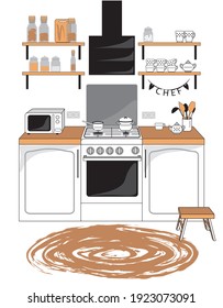 Cozy and modern kitchen. Kitchen set in white, equipped with appliances. Gas stove top with pots, microwave, and accessories. Hanging shelves on which there are jars of spices, cereals, mugs, cups.
