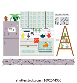 Cozy modern kitchen. The unique interior design of the kitchen. Vector editable illustration