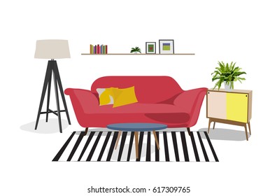 cozy modern living room. interior design elements. modern interior. danish. bright and colorful furniture illustration. 