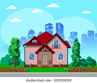 Cozy modern private house design with trees. Stylish detailed building exterior. Front view. Flat style vector illustration.