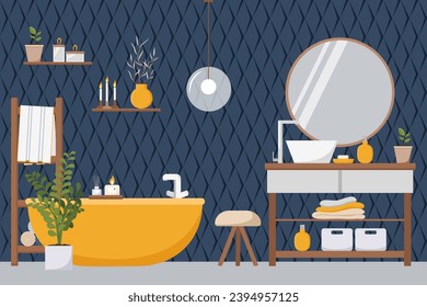 Cozy modern style bathroom in navy blue, orange and white tones. Dark blue rhombus tiles.  Calmness atmosphere. Interior and furniture collection. Scandinavian design. Vector cartoon flat illustration