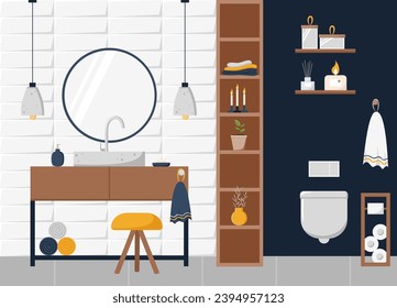 Cozy modern style bathroom and toilet, wc in navy blue, orange and white tones. Interior and furniture collection. Scandinavian design. Vector cartoon flat illustration