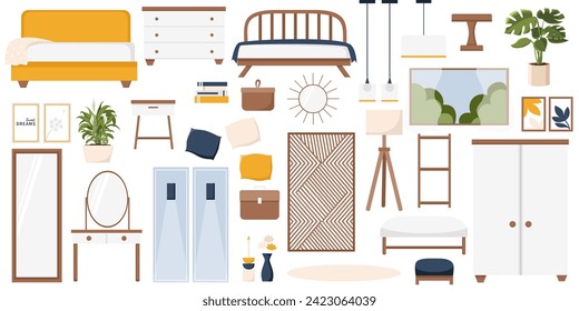 Cozy modern style bedroom set in navy blue, orange and white tones. Calmness atmosphere. Interior and furniture collection. Scandinavian or cottage core design. Vector cartoon flat illustration