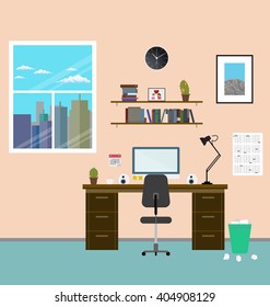 Cozy modern workplace near the window in room. Flat style. Creative office workplace.