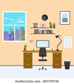 Cozy modern workplace near the window in room. Flat style. Creative office workplace