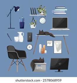 A cozy modern workspace illustration with a blue background, featuring a desk with a laptop, books, plants, a lamp, candles, framed pictures, office supplies, and two black cats resting on the desk