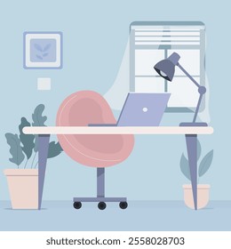 A cozy and modern workspace vector illustration featuring a desk with a laptop, a pink swivel chair, a desk lamp, indoor plants, and a window with soft curtains. for office or work-from-home theme