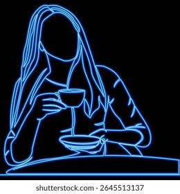 Cozy Moment Woman Sitting at Table with Coffee Cup icon neon glow vector illustration concept