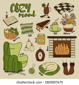 Cozy mood. Cute autumn and winter set of 16 doodle style elements. Multicolored vector elements isolated on beige background. Vintage style.