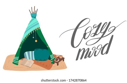 Cozy mood. Flat illustration of blanket house with ink calligraphic inscription. The mood for cosy things. Stay home. Blanket fortress. Vector horizontal card with lettering quote for articles, cards 