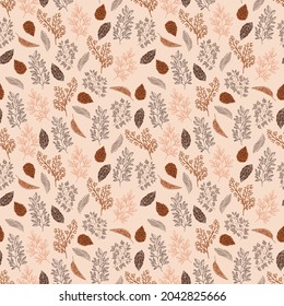 Cozy Mood Seamless pattern with Autumn leaves and pine cone with line doodle hand drawn style .Vector illustration EPS10 ,Design for fashion , fabric, textile, wallpaper, , wrapping and all prints