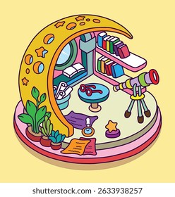 Cozy Moon-Themed Astronomer’s Study Vector Illustration