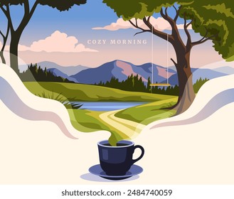 Cozy morning concept. Cup of delicious hot tea with steam forming beautiful forest landscape with mountains and trees. Coffee break or tea ceremony to start day. Cartoon vector illustration