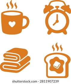 Cozy morning essentials featuring a heart mug, alarm clock, warm blankets, and toast