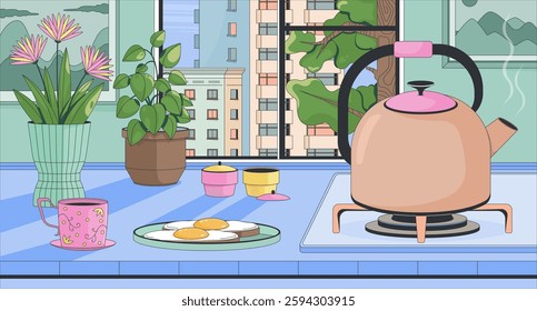 Cozy morning kitchen with breakfast and boiling kettle lofi wallpaper. Fried eggs toasts, houseplants by window 2D cartoon flat illustration. Vector art image lo fi aesthetic color background