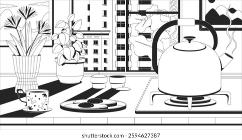 Cozy morning kitchen with breakfast and boiling kettle lofi illustration outline. Fried eggs toasts, houseplants by window 2D ink linear flat lo fi drawing. Vector line art aesthetic wallpaper