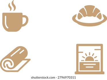 A cozy morning scene featuring a steaming cup of coffee, a croissant on a plate, a rolled-up yoga mat, and a sunrise view through a window
