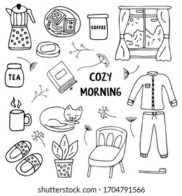 Cozy morning. Stay at home. Set of doodles. Armchair, cup of coffee, flower, slippers, coffee pot, sandwich plate, , a book, twigs, a soap dish, a toothbrush, a view from the window, pajamas. Vector