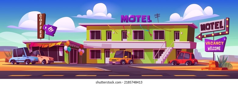 Cozy motel and roadside cafe vector cartoon illustration. Guest cars on asphalt parking near small hotel building by desert highway. Arrow signboard welcomes travelers for rest at recreation center