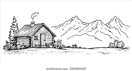 cozy mountain cabin with chimney and scenic peaks hand drawn doodle sketch