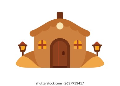 cozy mud ghar with lanterns on white background