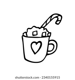 Cozy mug of coffee. Doodle illustrations of hot coffee with a heart pattern on a mug, lollipops and marshmallows. Line art, hand drawn