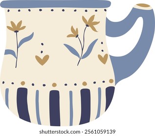 Cozy mug with flowers and hearts decorations, simple lines, pastel colors and blue handle creating a warm and inviting atmosphere, perfect for enjoying a hot beverage