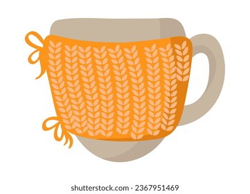 Cozy mug with hand made knitted cover flat vector illustration. Autumn element for Thanksgiving Day greeting card, web design