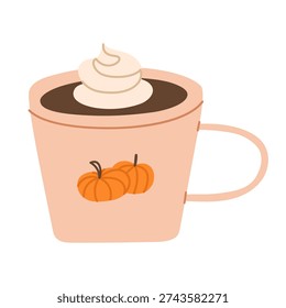 Cozy mug of hot cocoa with pumpkin decoration. Autumn seasonal beverage illustration for cafe menu, packaging design, greeting cards and fall decor. Hand drawn vector illustration.