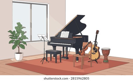 Cozy music practice room containing a black piano, chair with a violin, guitar, percussion instrument, and a plant near a window.