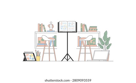 Cozy music practice room featuring a music stand with sheet music, two chairs, bookshelf, laptop, and tablet for a creative home office space.