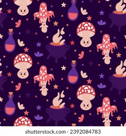 Cozy mystical seamless pattern with mushroom. Dark theme. Flat kawaii magical elements. Witch related items. Graphic print design for wrapping paper, kids textile, background, banner, stationary