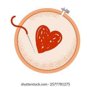 Cozy needlework a heart embroidery design for Valentine's Day. Flat vector illustration.