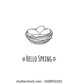 Cozy nest with bird eggs and inscription Hello spring. Black and white vector illustration.