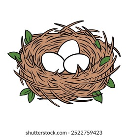 Cozy bird’s nest with three eggs illustration