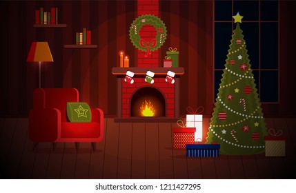 Cozy New Year Christmas flat cartoon interior concept.Indoor view with burning fireplace and new year socks,festive xmas tree,ornament balls,wreath bow,gift boxes at night time