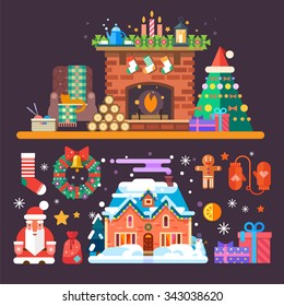 Cozy New year and Christmas set: fireplace with socks, firewood, Santa Claus, mittens, gingerbread man, presents, gifts. Flat vector stock illustration set. 