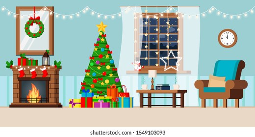 Cozy new year holiday decorated living room interior with christmas tree and gifts, fireplace, armchair, coffee table, night window winter rural landscape in flat cartoon style. Vector illustration.