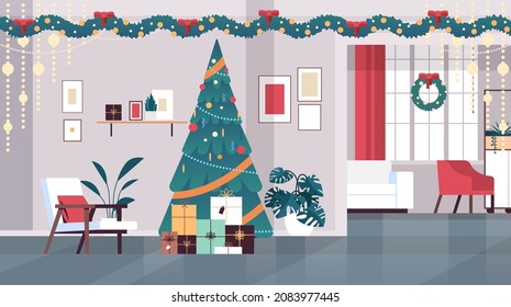 cozy new year holiday decorated living room interior with christmas tree and gifts horizontal