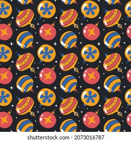 Cozy Сhristmas or New Year seamless pattern. Bright glass Christmas tree toys in cartoon style. Vector flat hand drawn illustration