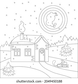 Cozy New Year's house in the forest coloring book for children. Big moon, forest, fir trees and falling snow. Vector Christmas linear illustration