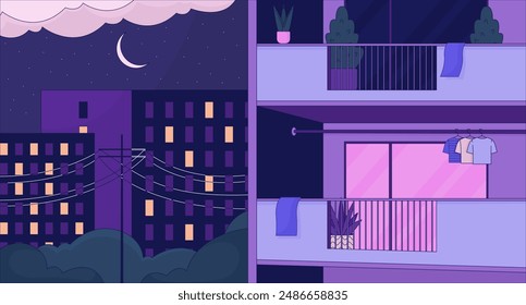 Cozy night apartment building exterior 2D cartoon background. Neighborhood residential condominium nighttime colorful aesthetic vector illustration, nobody. Dreamy vibes flat wallpaper art, lofi image