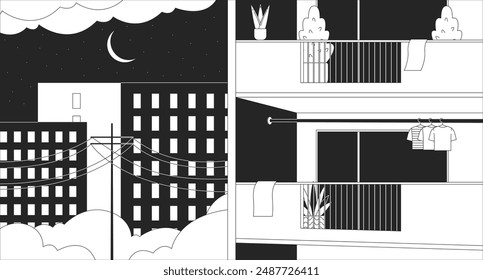 Gemütliche Nacht Apartment Gebäude Außenumriss 2D Cartoon Hintergrund. Nachbarschaft Eigentumswohnung Nacht lineare ästhetische Vektorillustration. Verträumte Vibes Flache Bildschirmhintergrund-Kunst, monochromatisches Lofi-Bild