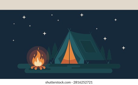 Cozy night camping scene featuring a green tent pitched next to a warm crackling bonfire under a starry sky.