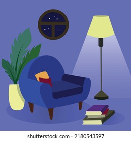 Cozy night flat style interior. Comfortable chair, floor lamp and favorite books - a great evening. illustration in flat style.