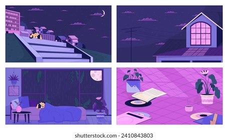 Cozy night life 2D cartoon backgrounds set. Sleeping dog beagle colorful aesthetic vector illustrations collection, nobody. Outdoor resting evening flat line wallpapers art, lofi images pack