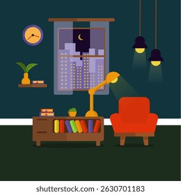 Cozy night living room interior with window, sofa, bookshelf, and houseplants in flat illustration style.