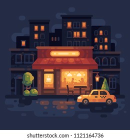 Cozy night street cafe scene flat illustration. Evening city street background.