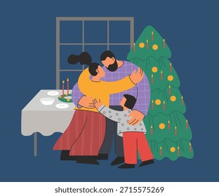 Acolhedor noturno vetor plana ilustração de uma família abraçando perto de uma árvore de Natal em casa. Atmosfera noturna quente com pais e criança expressando amor, cuidado e conexão emocional. Conceito de conforto familiar, segurança, noites de inverno, noite de Natal e momentos de férias pacíficos. Adequado para campanhas de férias, cartões de felicitações e projetos orientados para a família.